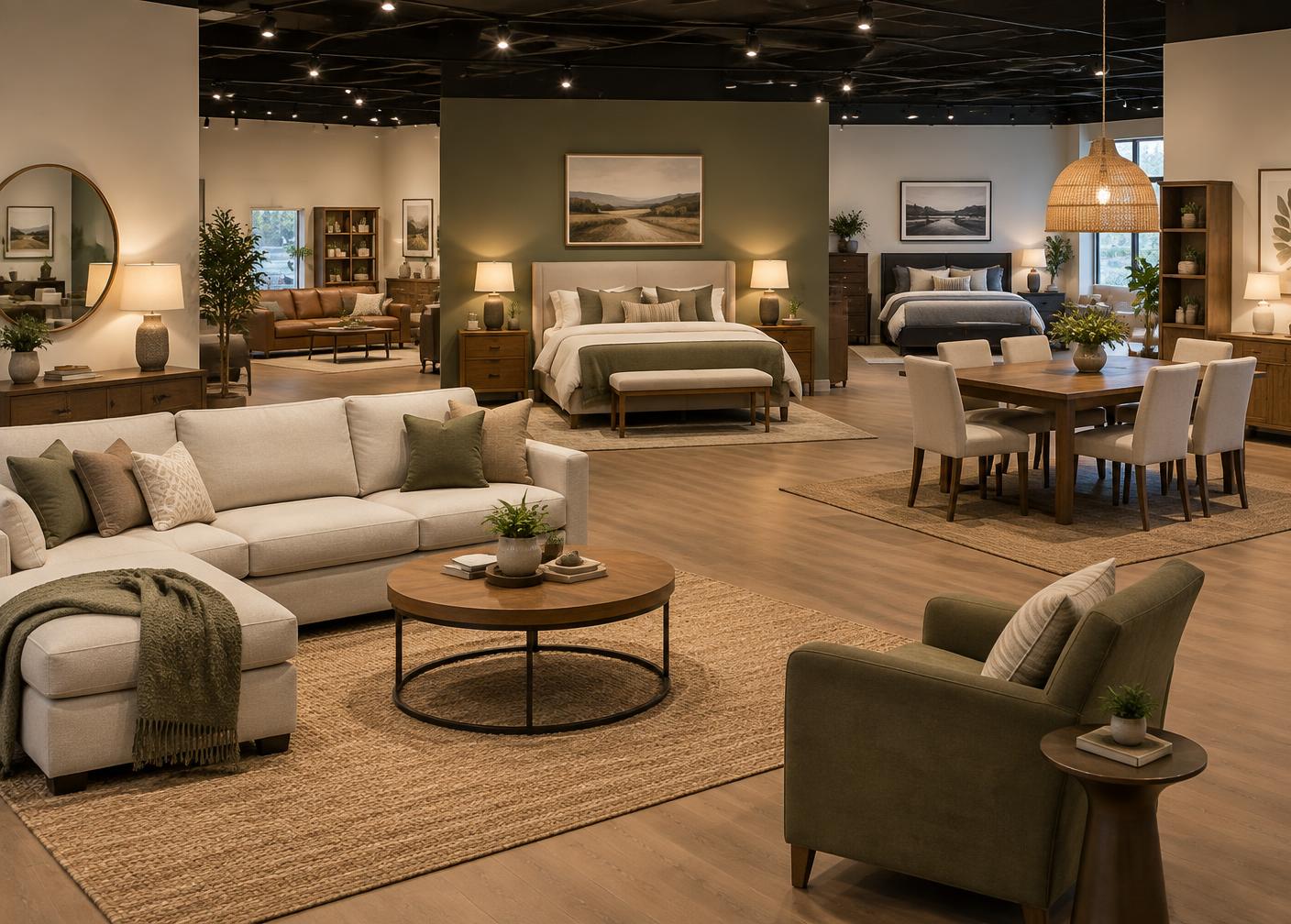 Ausstellung mit Sofas, Betten und Esstischen
